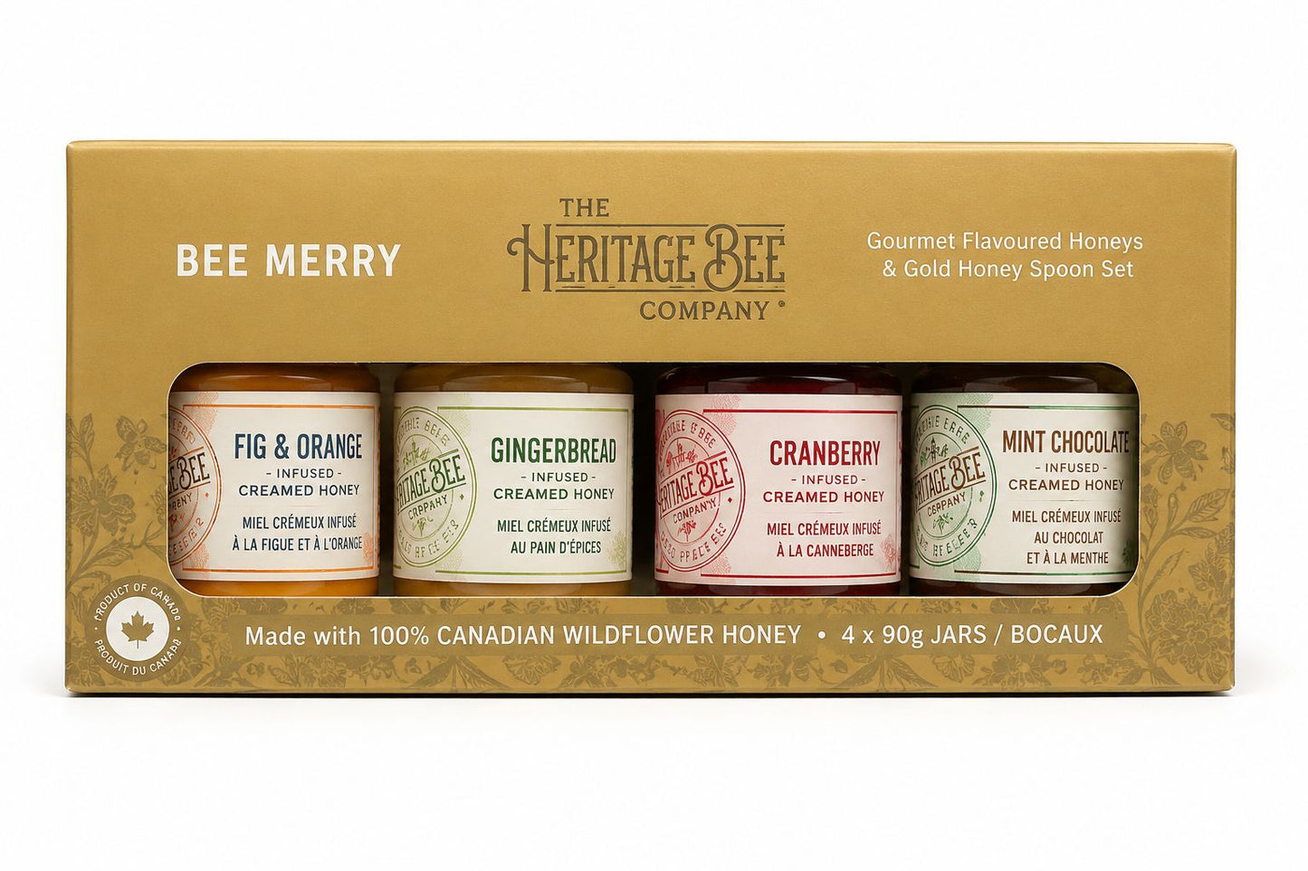 Bee Merry Gourmet Ontario Honey Gift Set + Gold Honey Spoon – 4 × 90 g