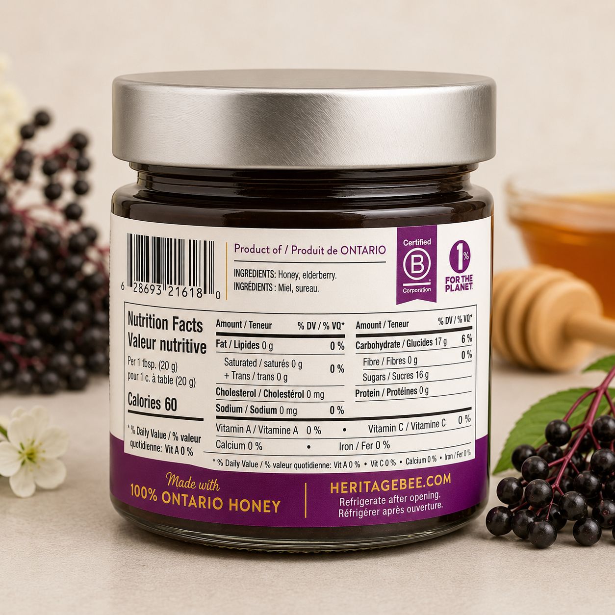 Elderberry Infused Raw Creamed Ontario Wildflower Honey – 300 g
