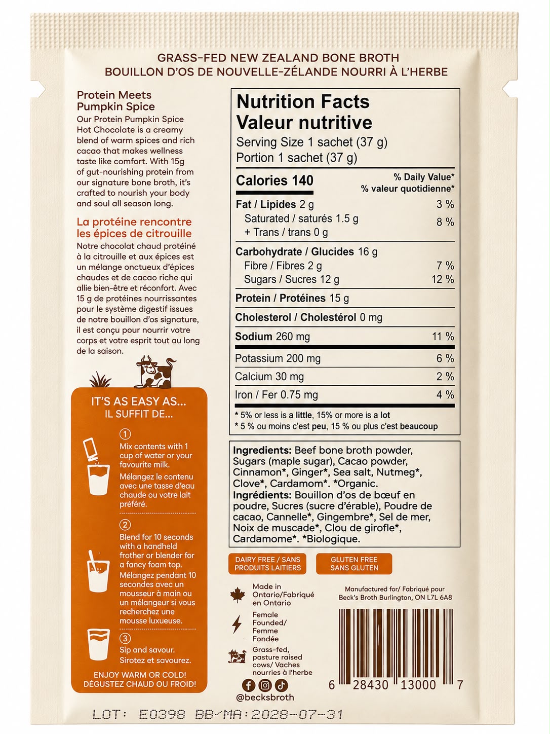 Beck's Broth 37 G - Protein Pumpkin Spice Hot Chocolate
