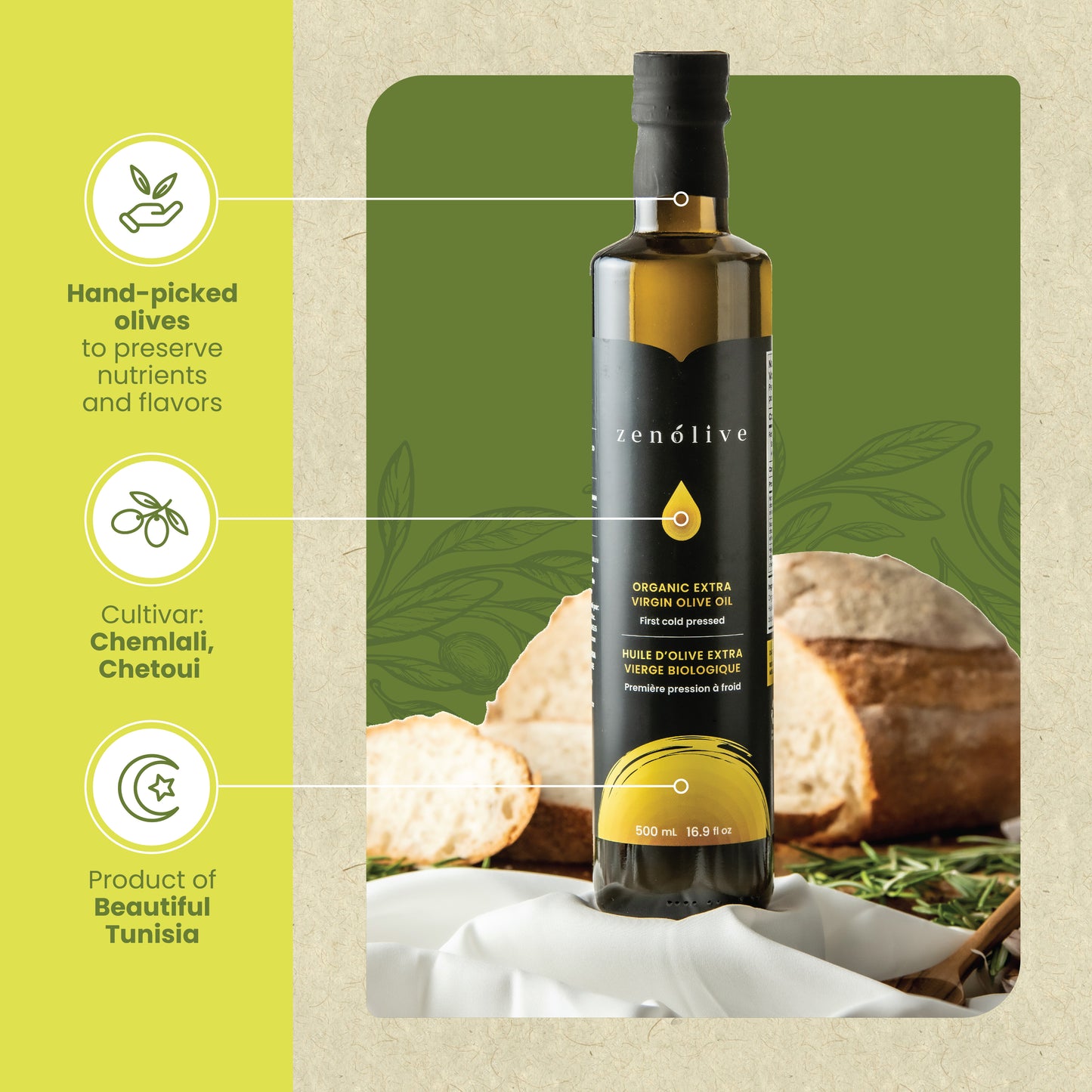 Zenolive Organic Extra Virgin Olive Oil - 500ml Glass Bottle from Tunisia