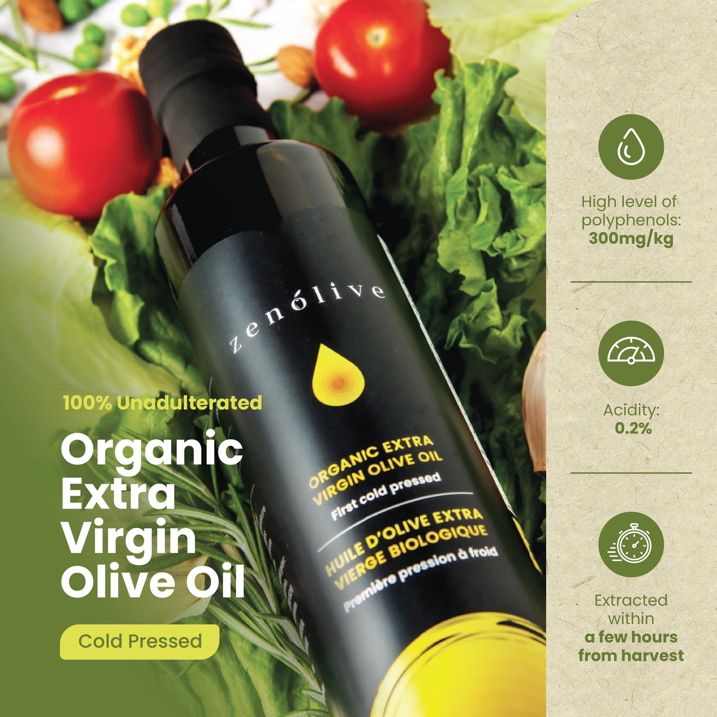 Zenoliveorganic olive oil over fresh salad