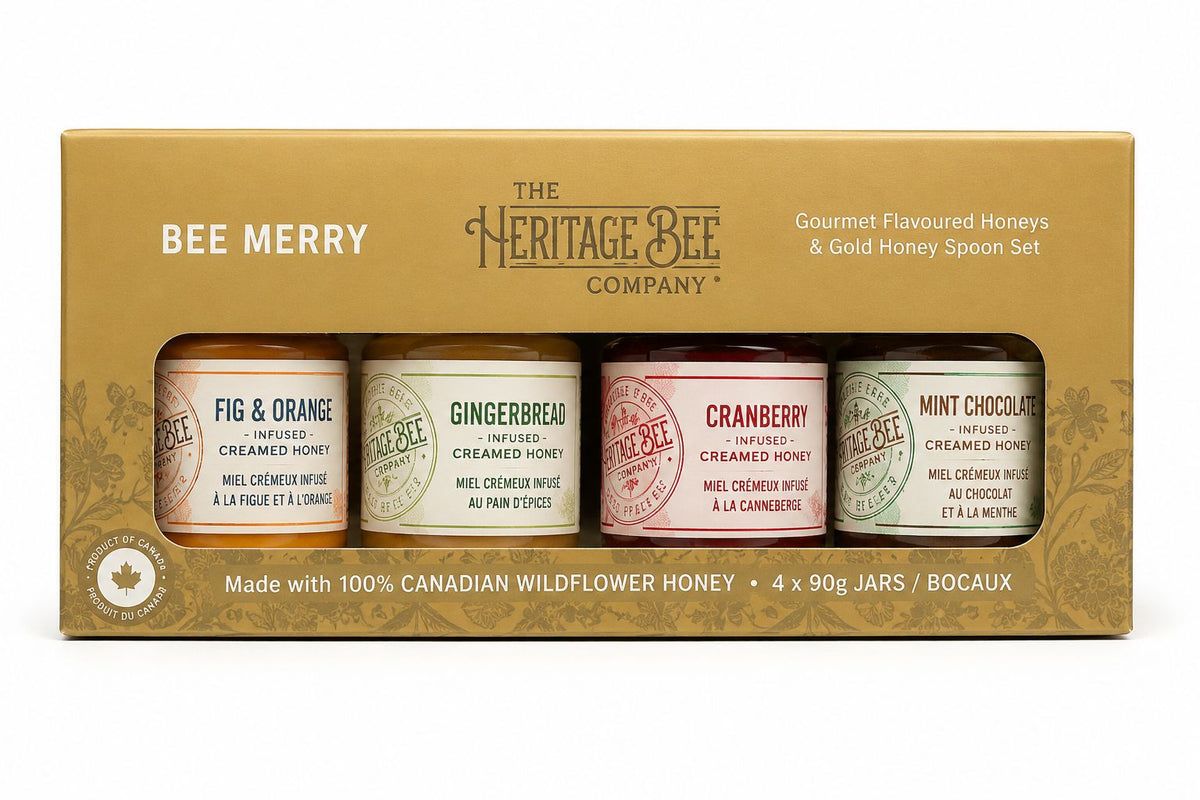 Bee Merry Gourmet Ontario Honey Gift Set + Gold Honey Spoon – 4 × 90 g