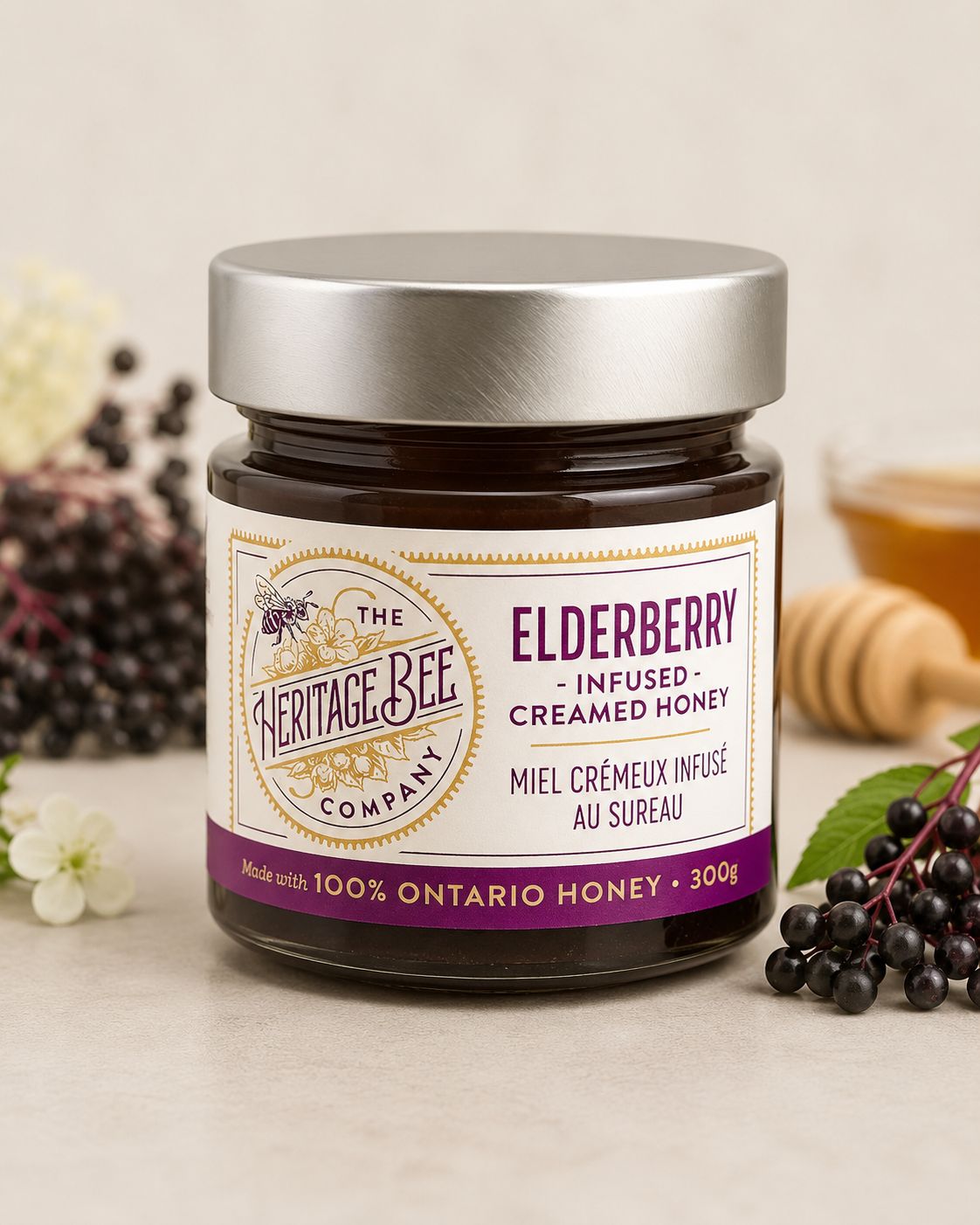 Elderberry Infused Raw Creamed Ontario Wildflower Honey – 300 g