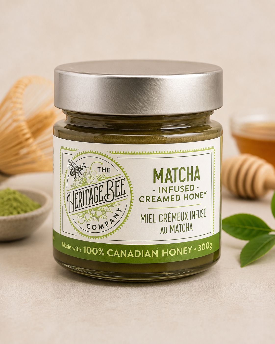 Matcha Infused Raw Creamed Canadian Honey – 300 g