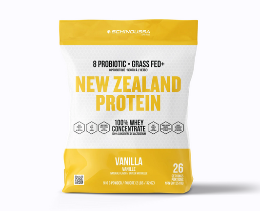 New Zealand Grass Fed Vanilla Whey Concentrate Protein Powder + Probiotics 910 G by Schinoussa Superfoods
