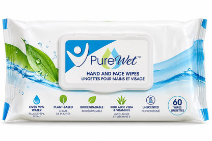 PureWet Biodegradable Hand & Face Wipes – Unscented | 60 Wipes