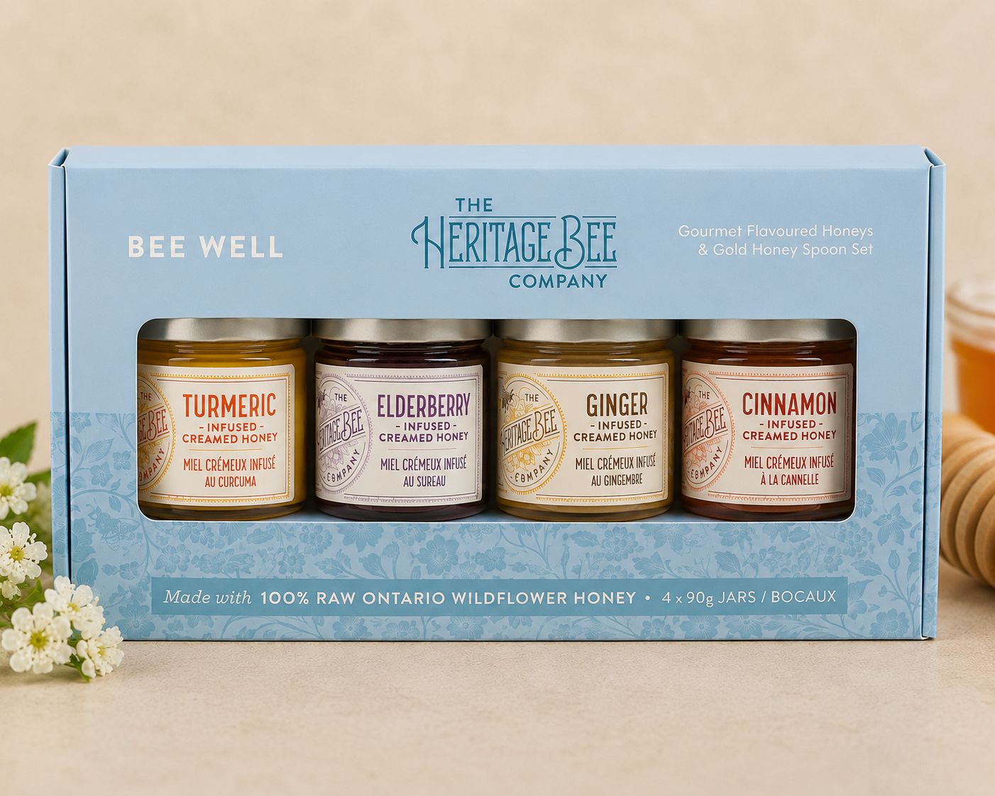 Bee Well Gourmet Ontario Honey Gift Set + Gold Honey Spoon – 4 × 90 g
